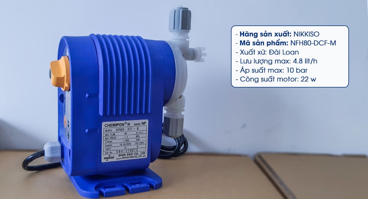 Bơm định lượng hóa chất Nikkiso NFH80 DCF M Bơm định lượng hóa chất Nikkiso NFH80 DCF M có lưu lượng bơm 4.8 Lít / giờ