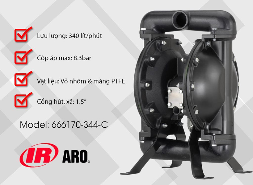 Bơm màng khí nén Aro 666170-344-c với lưu lượng bơm: 340 lít/ phút. Bơm màng khí nén Aro 666170-344-C