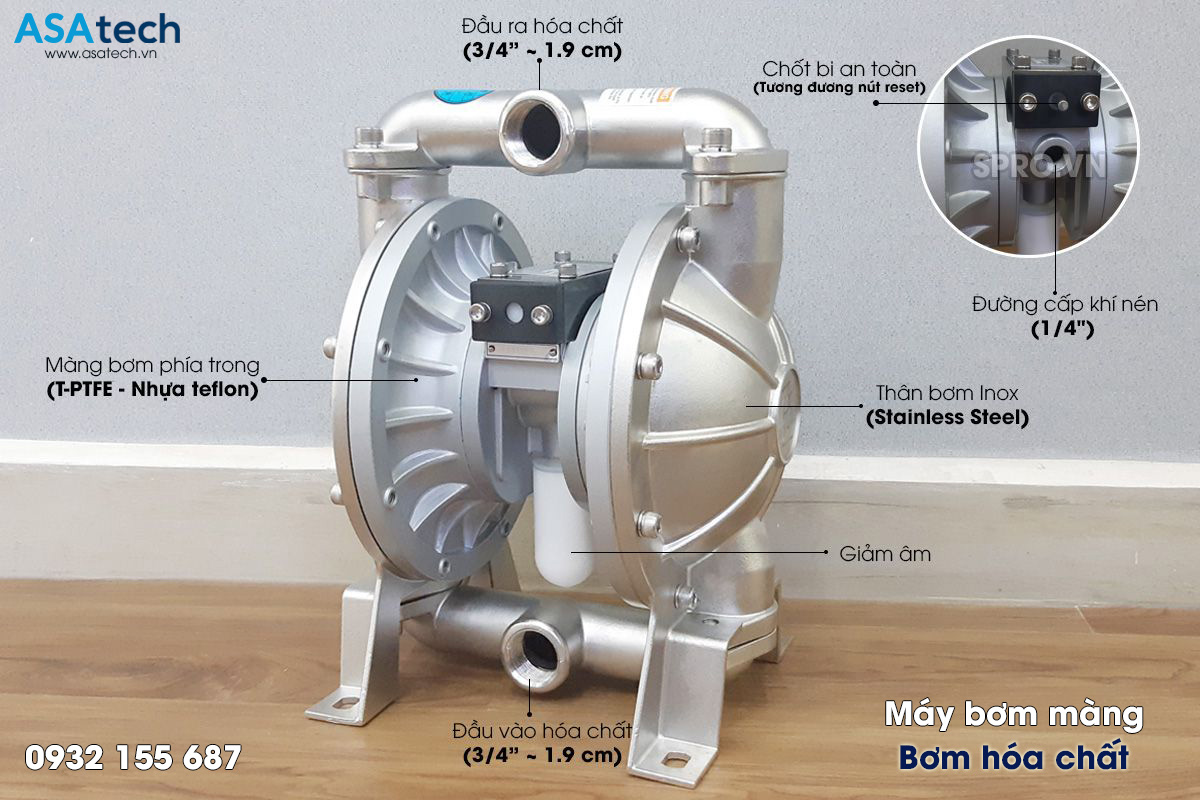 Máy bơm axit - Bơm màng Axit TDS DS06-SAT-TSTS-02 – 3/4″ thân Inox màng Teflon Máy bơm axit, hóa chất ăn mòn, hóa chất đậm đặc