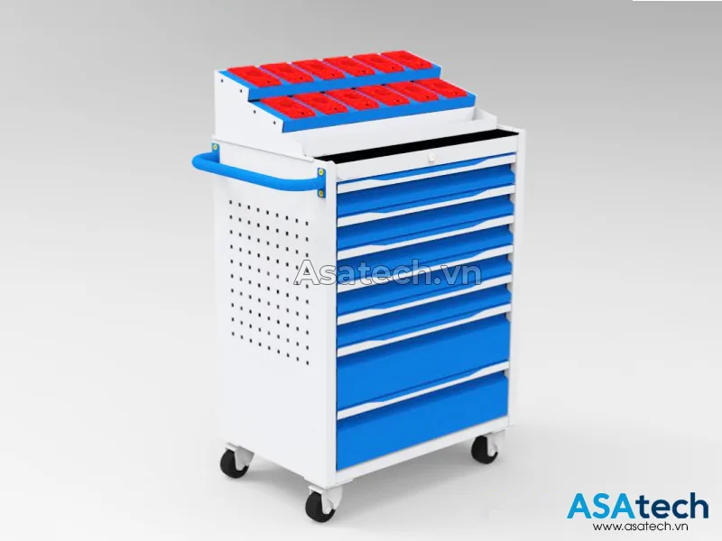 Kệ đựng dao CNC để dao tiện QT-KDD01 gồm 12 khay được đặt trên xe đẩy Kệ đựng dao CNC 12 khay để dao tiện QT-KDD01