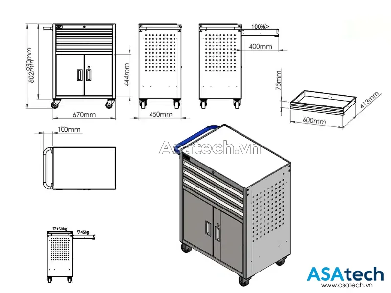 Asatech cung cấp xe đẩy đựng dụng cụ QT-032C Xe đẩy đựng dụng cụ QT-032C
