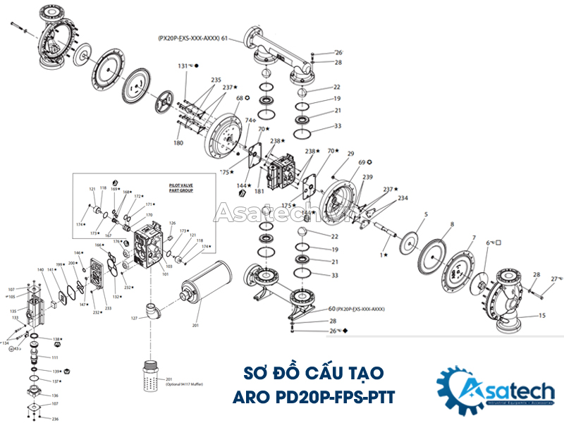 sơ đồ cấu tạo bơm màng Aro PD20P-FPS-PTT