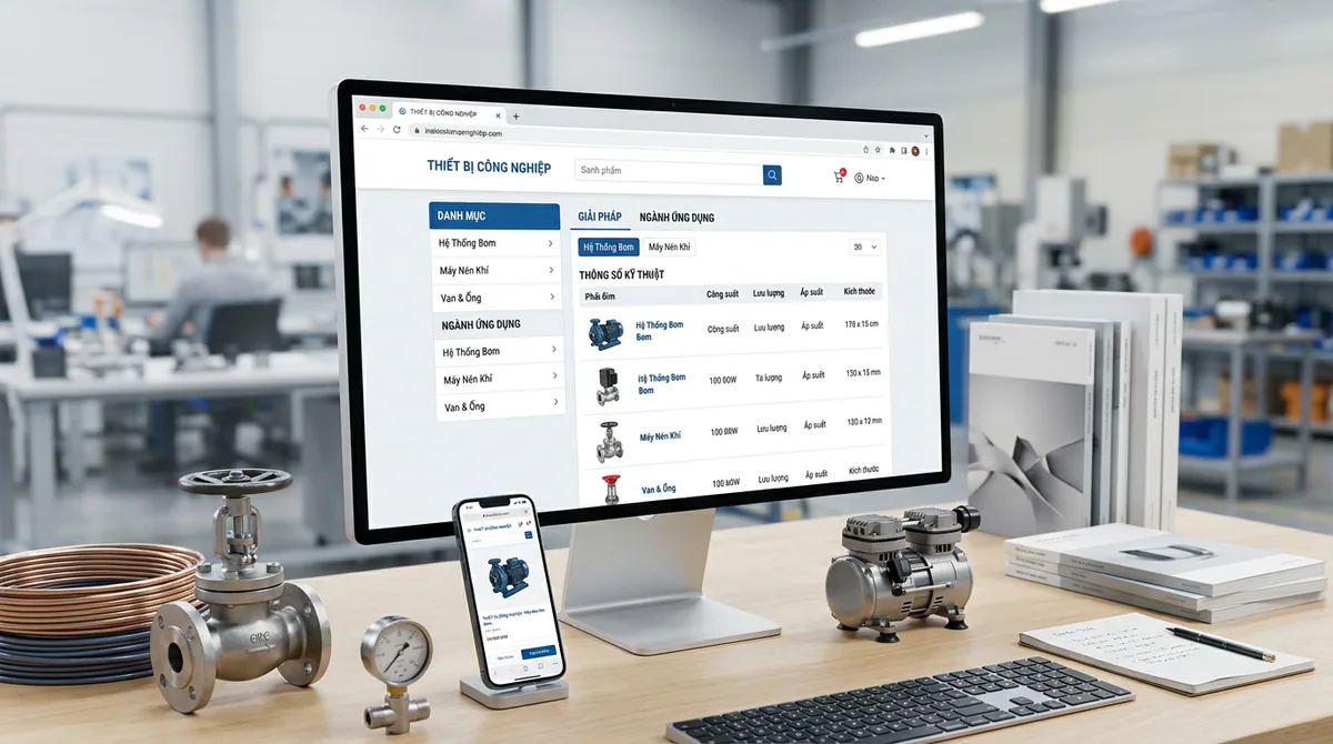 thiết kế website thiết bị công nghiệp - Xây dựng cấu trúc danh mục và thông số kỹ thuật: Thay vì phân loại đơn thuần theo thương hiệu như trước đây, hệ thống mới cấu trúc lại toàn bộ danh mục theo nhóm giải pháp và ngành ứng dụng thực tế.