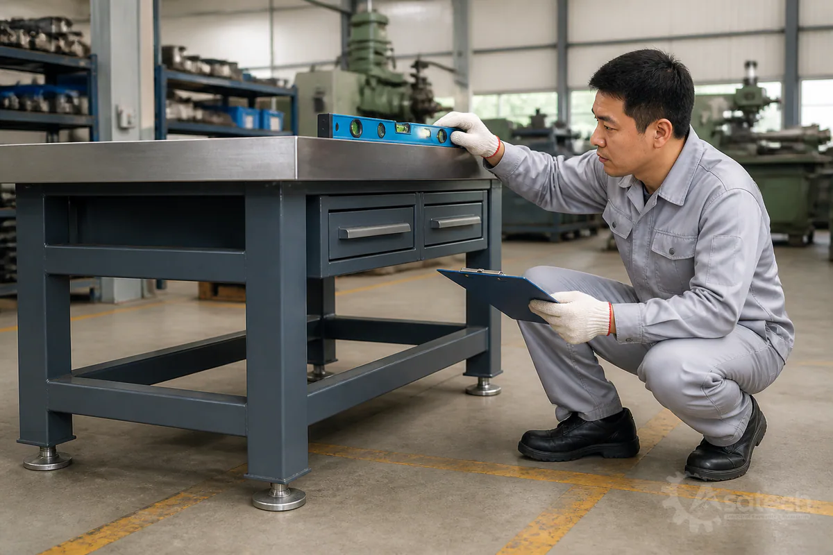 Checklist kiểm tra trước khi vận hành bàn nguội cơ khí tải trọng 2000kg 5S: Trước khi đặt chi tiết nặng hoặc tiến hành các thao tác cơ khí đập, cưa, đục, người vận hành cần thực hiện checklist kiểm tra an toàn sau: Kết cấu khung chân và bu lông: Kiểm tra các mối hàn chịu lực và chân tăng chỉnh độ cao.
