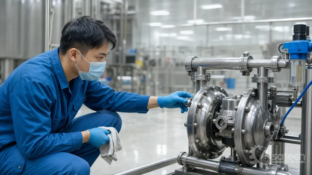 Checklist kiểm tra bộ lọc điều áp bơm màng khí nén trước khi vận hành: Trước khi cấp nguồn khí nén cho bơm màng, kỹ thuật viên vận hành cần thực hiện kiểm tra kỹ thuật thiết bị theo các hạng mục sau: Kiểm tra đồng hồ áp suất: Đảm bảo mặt kính không vỡ, kim đo hiển thị chính xác và không có hiện tượng kẹt kim.