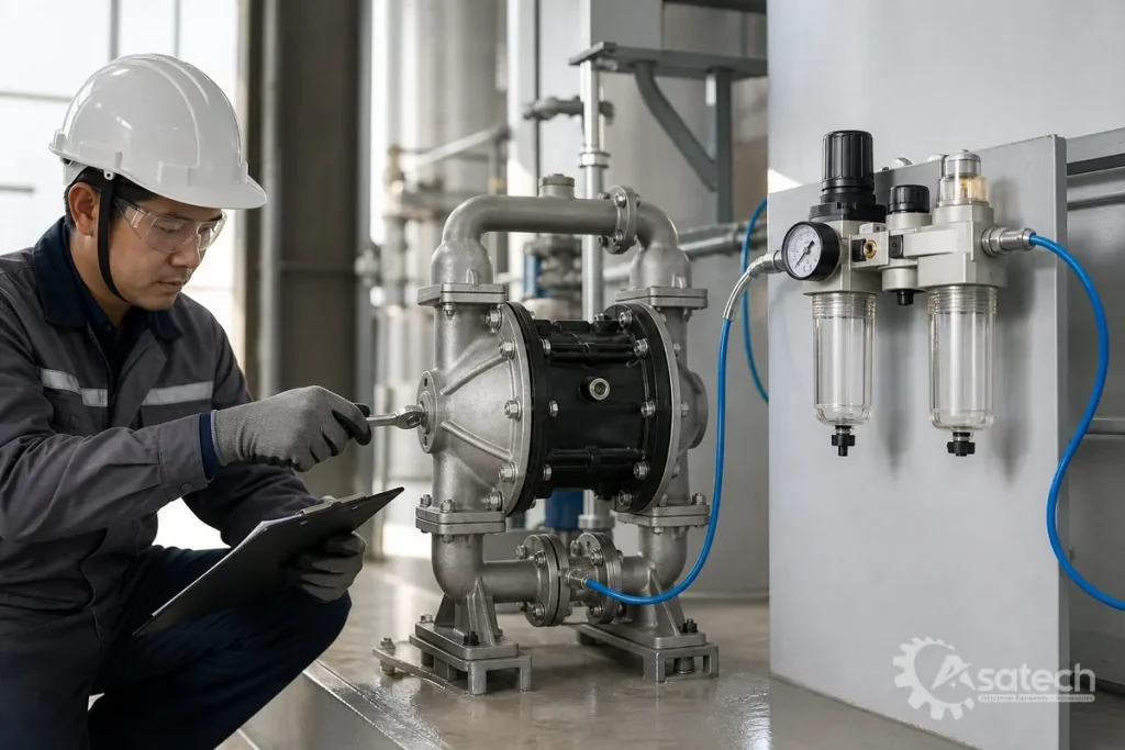 Dấu hiệu cảnh báo bộ lọc khí nén bơm màng gặp sự cố: Trong quá trình vận hành nhà máy, kỹ sư bảo trì cần chú ý các hiện tượng bất thường xuất hiện tại cụm chuẩn bị khí nén: Bơm màng hoạt động chập chờn hoặc giảm nhịp: Bơm chạy yếu, không đạt lưu lượng thiết kế dù áp suất đầu nguồn vẫn duy trì ổn định.