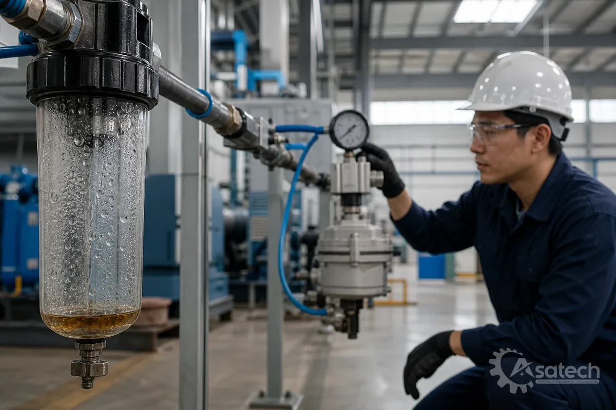 Dấu hiệu cảnh báo bộ lọc khí nén bơm màng gặp sự cố: Trong quá trình vận hành nhà máy, kỹ sư bảo trì cần chú ý các hiện tượng bất thường xuất hiện tại cụm chuẩn bị khí nén: Bơm màng hoạt động chập chờn hoặc giảm nhịp: Bơm chạy yếu, không đạt lưu lượng thiết kế dù áp suất đầu nguồn vẫn duy trì ổn định.