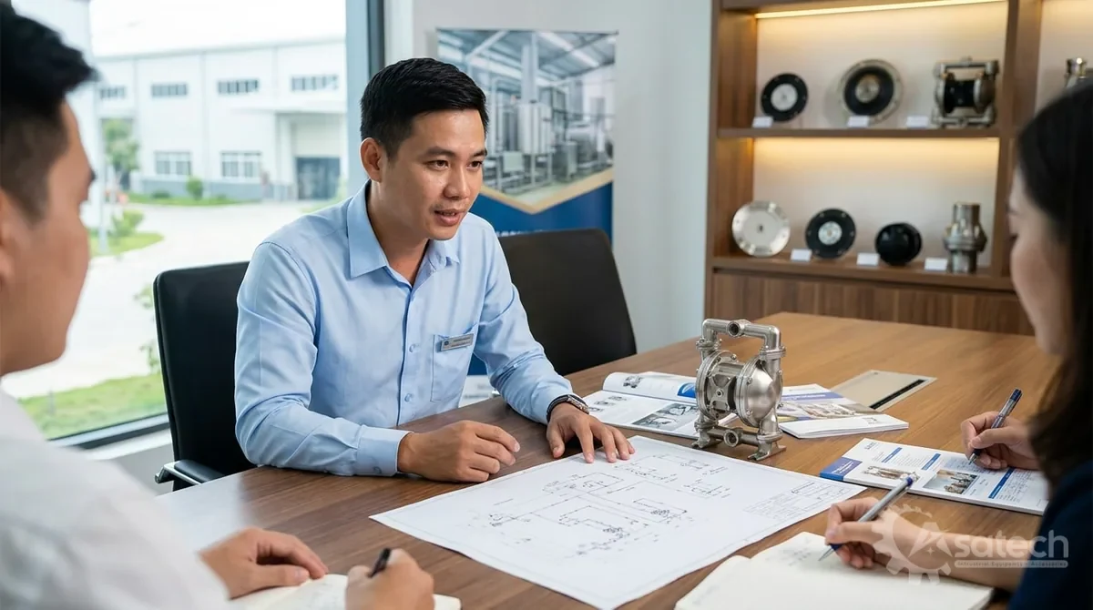 Bơm màng vi sinh vs bơm trục vít thực phẩm: So sánh & tiêu chí 4 bơm màng vi sinh vs bơm trục vít - 7. Giải pháp bơm thực phẩm vi sinh chuyên dụng tại Asatech: Asatech cung cấp các dòng bơm màng vi sinh và bơm công nghiệp chuẩn vi sinh Inox 316L đáp ứng nghiêm ngặt tiêu chuẩn thực phẩm.
