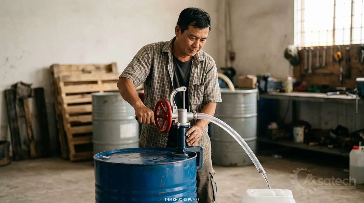 bơm thùng phuy điện khí nén quay tay - Kết luận nhanh: Nên chọn loại bơm thùng phuy nào?: Bơm thùng phuy quay tay: Lựa chọn tối ưu cho tần suất chiết rót thấp, chất lỏng loãng không ăn mòn mạnh, ngân sách ban đầu hạn chế và vị trí làm việc không có sẵn nguồn cấp năng lượng.