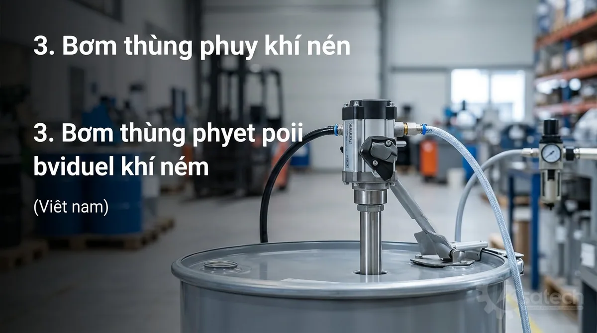 bơm thùng phuy điện khí nén quay tay - 3. Bơm thùng phuy khí nén: Thiết bị tận dụng áp lực khí nén để làm quay motor turbine hoặc piston truyền động trục bơm.