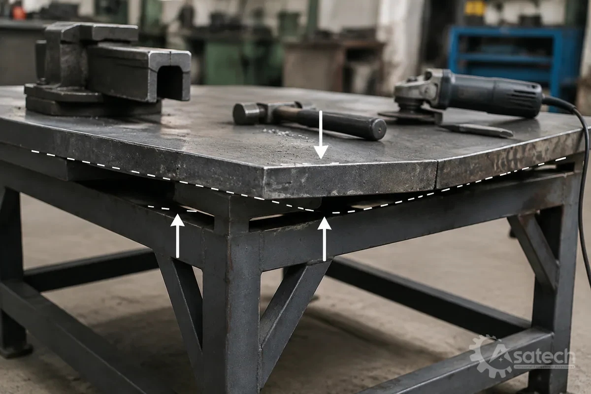 bàn nguội cơ khí 2000kg - Dấu hiệu cần ngừng vận hành và bảo trì ngay: Mặt bàn xuất hiện vết nứt lớn hoặc bị võng biến dạng vượt quá sai số cho phép.