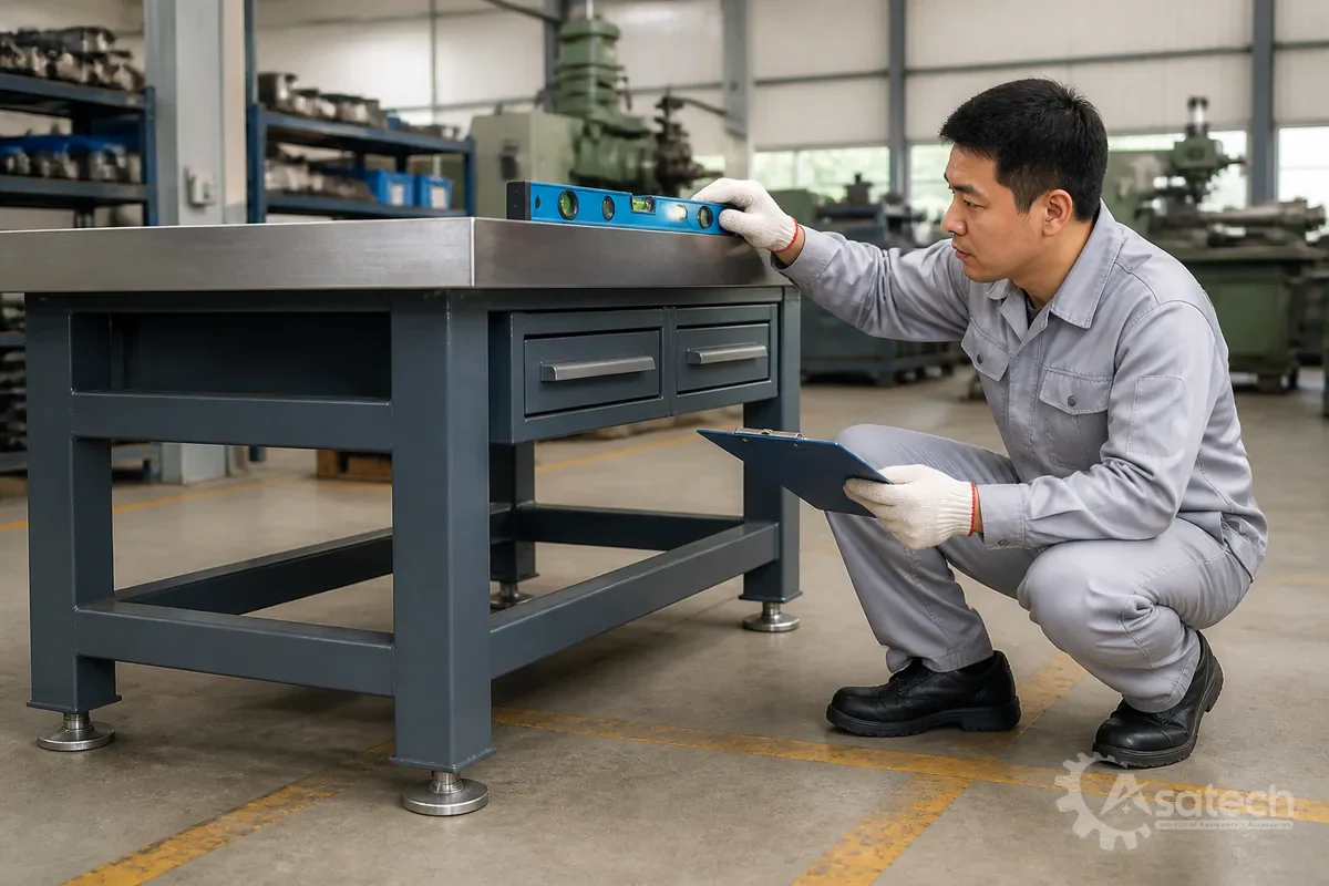 Checklist kiểm tra an toàn trước khi vận hành bàn nguội cơ khí chịu tải: Trước khi tiến hành gá kẹp hoặc gia công cơ khí, kỹ sư và thợ bảo trì cần thực hiện checklist kiểm tra thiết bị: Kiểm tra kết cấu khung: Đảm bảo hệ thống chân bàn, thanh giằng chắc chắn, không bị rạn nứt mối hàn hoặc cong vênh do quá tải trước đó.