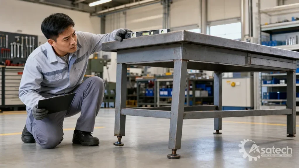 Checklist kiểm tra trước khi vận hành bàn nguội cơ khí tải trọng: Trước khi gá đặt bất kỳ chi tiết nặng nào lên mặt bàn, kỹ thuật viên vận hành cần hoàn thành các mục kiểm tra dưới đây: Kiểm tra chân bàn và nền xưởng: Đảm bảo 4 chân bàn được đặt phẳng trên mặt sàn chắc chắn, các bulong chân bàn không bị rơ lỏng.