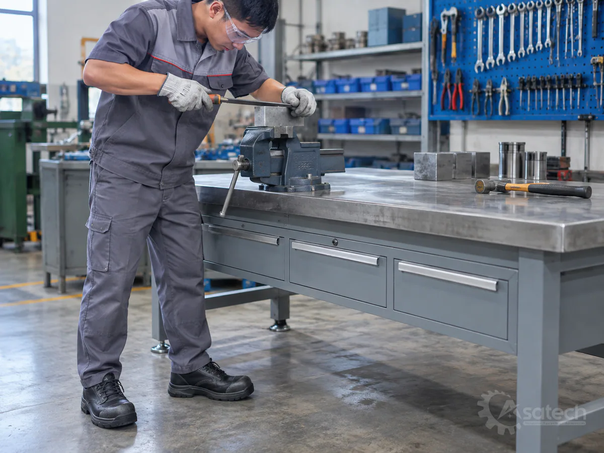 bàn nguội cơ khí tải trọng - Lưu ý an toàn lao động khi làm việc: Trang bị bảo hộ cá nhân (PPE): Luôn đeo kính bảo hộ khi đục, dũa phôi và đi giày bảo hộ mũi thép để phòng ngừa chi tiết nặng rơi rớt.