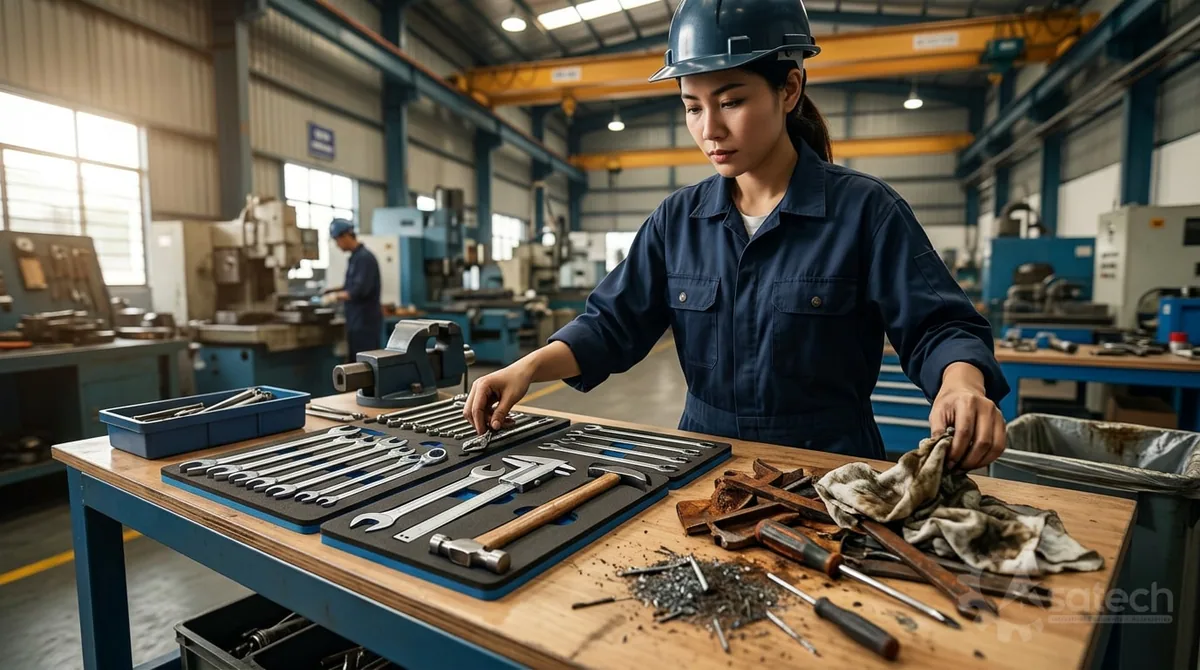Tiêu chuẩn quy hoạch bàn nguội cơ khí 5S trong khu vực bảo trì nhà máy: Để đạt hiệu quả vận hành tối ưu, quy hoạch bàn nguội cơ khí 5S cần tuân thủ nghiêm ngặt các nguyên tắc tổ chức không gian trực quan: Seiri (Sàng lọc): Phân loại toàn bộ dụng cụ trên mặt bàn.