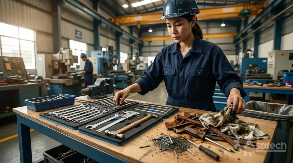 1. Quy hoạch bàn nguội tủ dụng cụ 5S là gì và vì sao cần chuẩn hóa?: Quy hoạch bàn nguội tủ dụng cụ 5S là việc ứng dụng 5 nguyên tắc (Sàng lọc Sắp xếp Sạch sẽ Săn sóc Sẵn sàng) vào sắp xếp mặt bàn thao tác, khay chứa, ngăn kéo tủ dụng cụ và bảng treo đồ nghề.