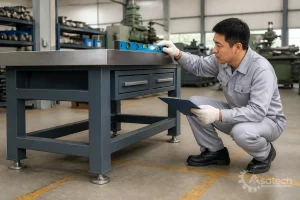 tính toán tải trọng bàn nguội cơ khí - Checklist an toàn và kiểm tra tải trọng trước khi vận hành: Trước khi gá đặt phôi kim loại hoặc thiết bị nặng lên mặt bàn, kỹ sư và kỹ thuật viên vận hành cần thực hiện các bước kiểm tra sau: Kiểm tra độ cân bằng chân bàn: Dùng thước nivo rà soát 4 góc.