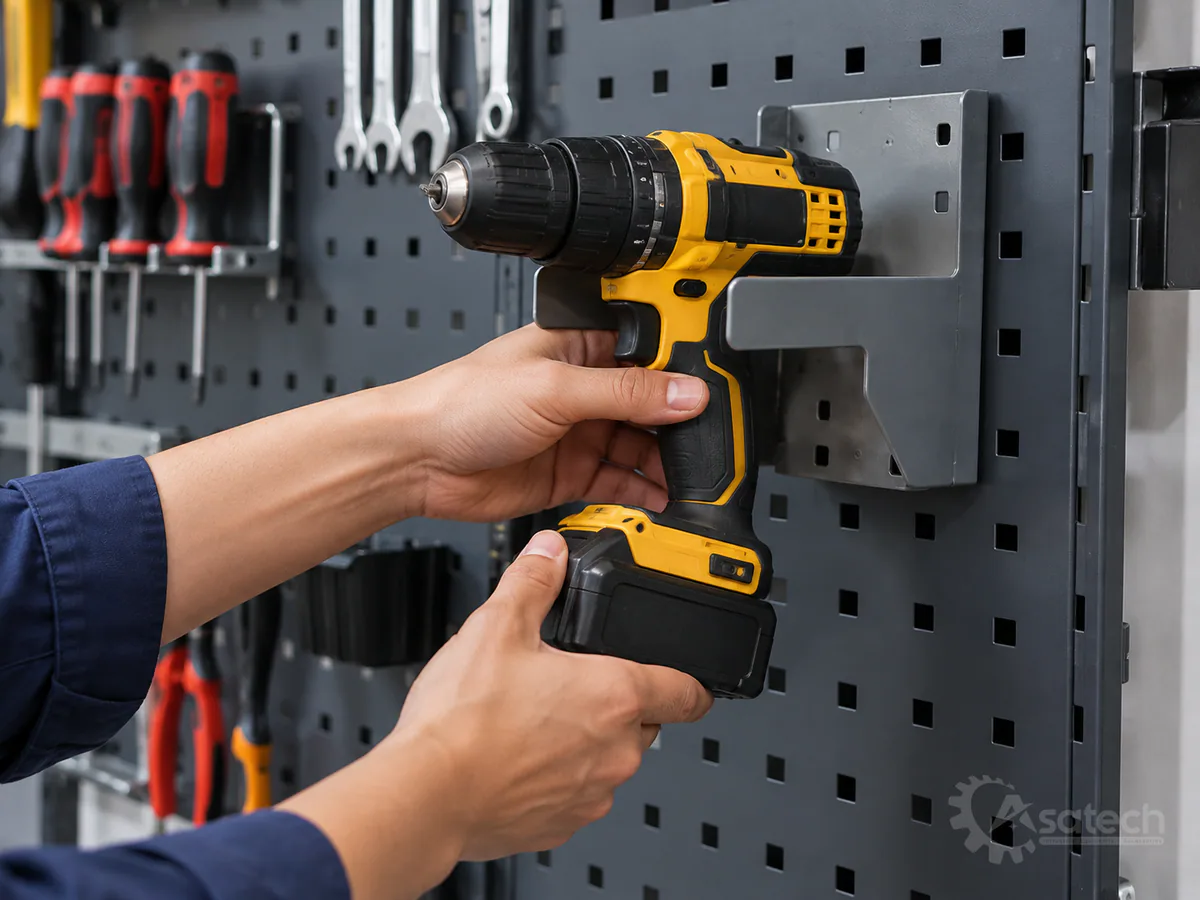 Gá treo máy khoan pin trên bảng dụng cụ: Hướng dẫn sử dụng và bảo dưỡng chuẩn kỹ thuật 3 gá treo máy khoan pin trên bảng dụng - Quy trình gá đặt và các lưu ý an toàn phòng chống rơi vỡ (hình minh họa)