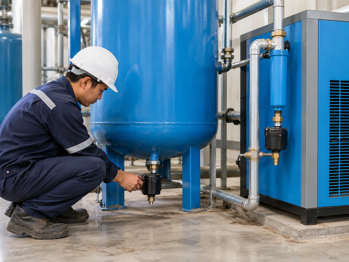 lắp máy sấy khí trước hay sau bình - Khuyến cáo vận hành và an toàn trạm khí nén: Định kỳ kiểm tra hoạt động của bẫy xả nước tự động (auto drain) tại bình tích ướt và cụm xả của máy sấy khí.